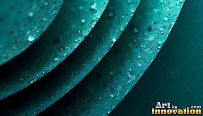 Curved teal paper layers covered in tiny water droplets