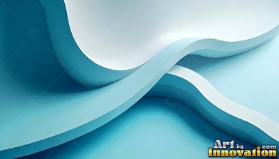 In soft light, smooth white and light blue curved ribbons overlap each other