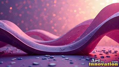 Curving across a misty surface, smooth pink ribbons rest under soft bokeh lights