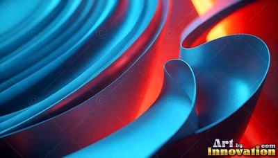Curved blue ribbons curl tightly across a warm red background with orange light