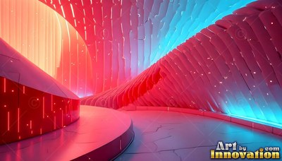 Curving wide inside a tunnel of ridged red walls lit with blue light
