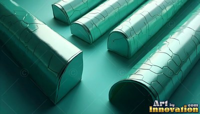Cracked turquoise pipes rest in parallel rows across a flat surface