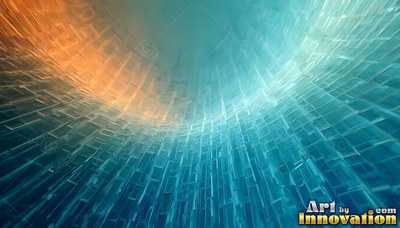 In a curved tunnel, blue and orange glass blocks form a wide circular arch