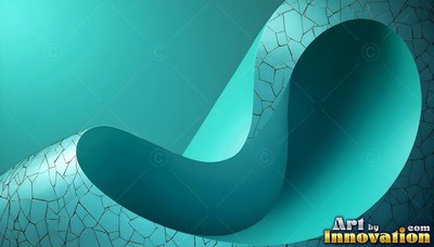 A teal ribbon curls into a smooth loop, shaded with dark mosaic cracks