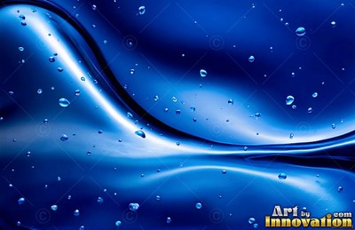 Curving smoothly across a dark area, glossy blue liquid holds small floating bubbles