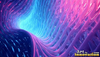 A curving tunnel of glossy pink and bright blue ridges curving toward light