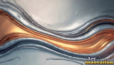 Against a pale gray surface, wavy bands of copper and polished silver curve across
