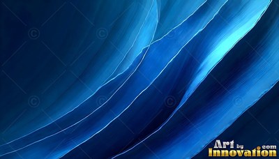 Curving diagonally, broad blue ribbons sweep through a dark navy backdrop