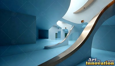Curved metal ramps rise through a blue concrete room with open skylights
