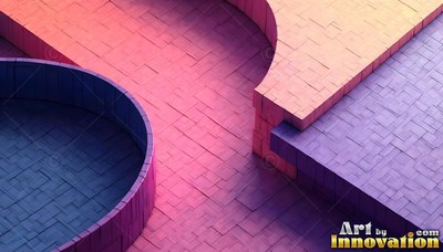 Curved tiled blocks rise across pink and purple brick platforms under warm light