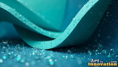 Curved teal ribbons bend over a surface sprinkled with clear water droplets