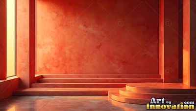 Facing straight on, a red stone room has low steps and a round platform