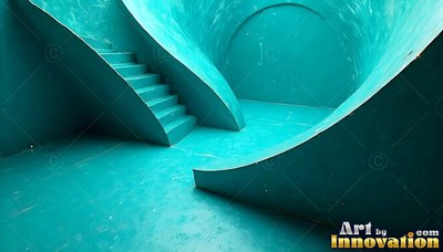 Curved turquoise concrete walls with a small set of stairs inside an empty room
