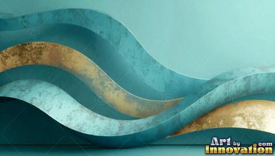Against a pale teal wall, curved bands of worn blue and gold overlap like waves