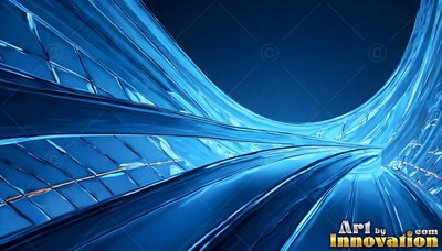 Tiled glass surfaces curve into bright blue ribbons sweeping across a deep space