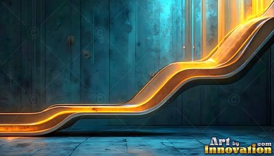 A curved golden slide curves downward , illuminated by warm yellow light against blue walls
