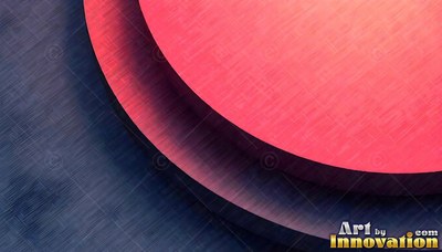 Tilted from above, red metal discs layer over a dark brushed floor