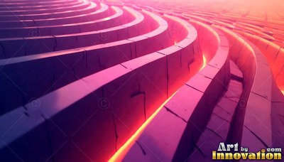 Curving purple stone ridges with bright orange light shining between the cracks
