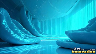 In a bright aqua room, curved blue mounds sit on a shiny floor