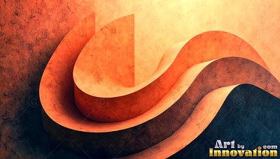 Curving through a dim space , textured orange ribbons form smooth waves under warm light