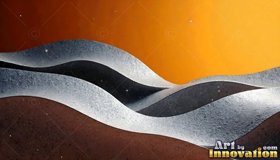 Curving low across a warm orange sky, textured silver waves sweep