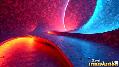 Curving through a dark floor, smooth steps shine with bright neon pink and blue light