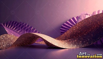 A glittery bronze ribbon curves past purple paper fans