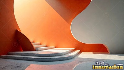 Concrete steps curve upward into warm sunlight along curved orange and white walls