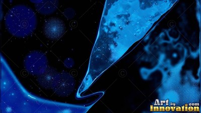 A glossy blue shape curves across black space with speckled circular light