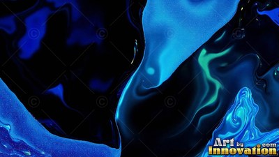 Curving diagonally across dark room, shiny blue liquid swirls