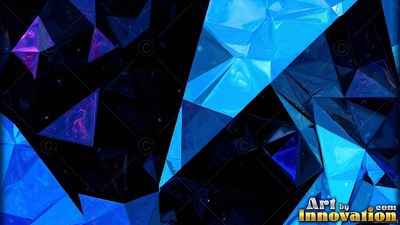 Sharp blue geometric crystal shapes scatter across a black background