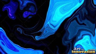 Swirling across black space, smooth blue liquid curls into smooth waves