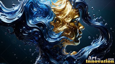 Golden face in profile with swirling blue liquid hair and bubbles in dark water