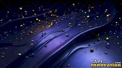 Curved blue ribbons fold over each other under small gold and blue beads