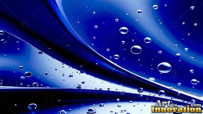 Floating at an angle across blue curved waves, clear water drops rise into light
