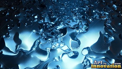 Ripples of shiny blue liquid metal spill over a smooth surface