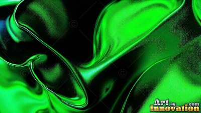 On a black background, glossy green fluid folds into smooth curves