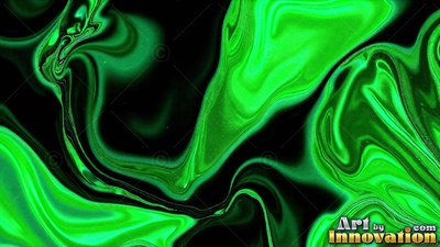 Swirling through black space, bright green liquid marble curves into smooth waves