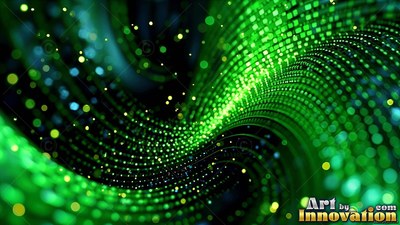 Green dots curve into a wavy wave of bright green light against black