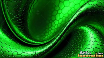 Curving diagonally , shiny green ribbons fold with hexagonal scales