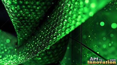 Against a dark background, a curved green ribbon is covered in tiny water droplets
