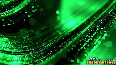 Curving across the dim space, bright green dotted lines sweep into waves
