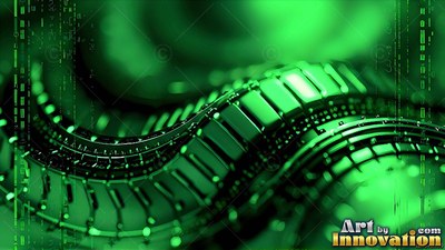 Curving green mechanical tracks over digital patterns