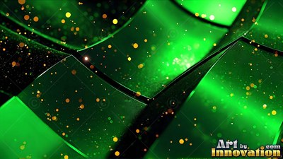 Curved green glass panels overlap with yellow speckles across a deep space