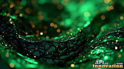 Dark green webbed folds roll across soft yellow circles of light