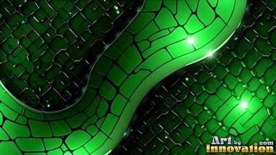 Winding diagonally across dark tiles, a bright green mosaic ribbon