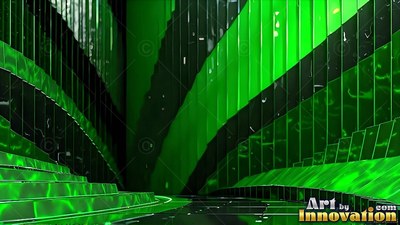 Tall shiny green and black panels curve around a dark floor like stairs