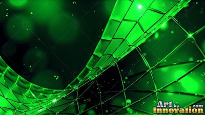 Against a dark background, a green glass ribbon twists in geometric tiles