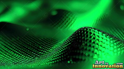 Rolling in soft waves, a dotted green mesh rises over a dark background