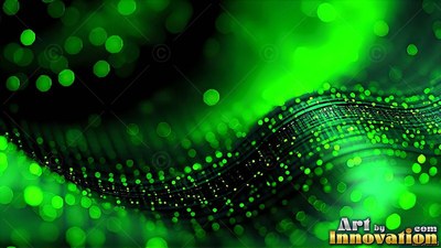 Tiny green dots ride a curving dark wave against soft blurry circles of light